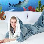 QUSLLIS Shark Blanket - Coperta squalo - in morbidissima e accogliente flanella con cappuccio, tuta squalo, coperta squalo con cappuccio, sacco a pelo squalo indossabile per adulti e bambini XL