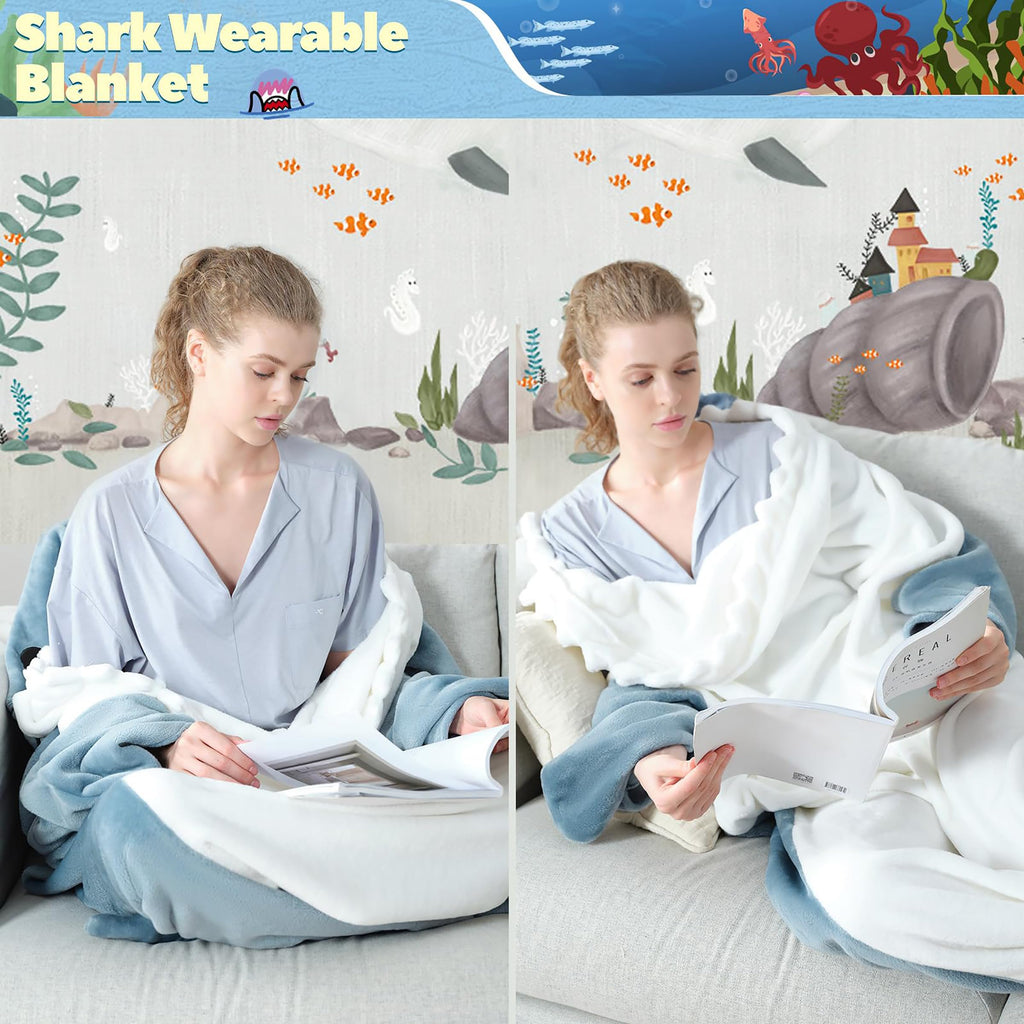 QUSLLIS Shark Blanket - Coperta squalo - in morbidissima e accogliente flanella con cappuccio, tuta squalo, coperta squalo con cappuccio, sacco a pelo squalo indossabile per adulti e bambini XL