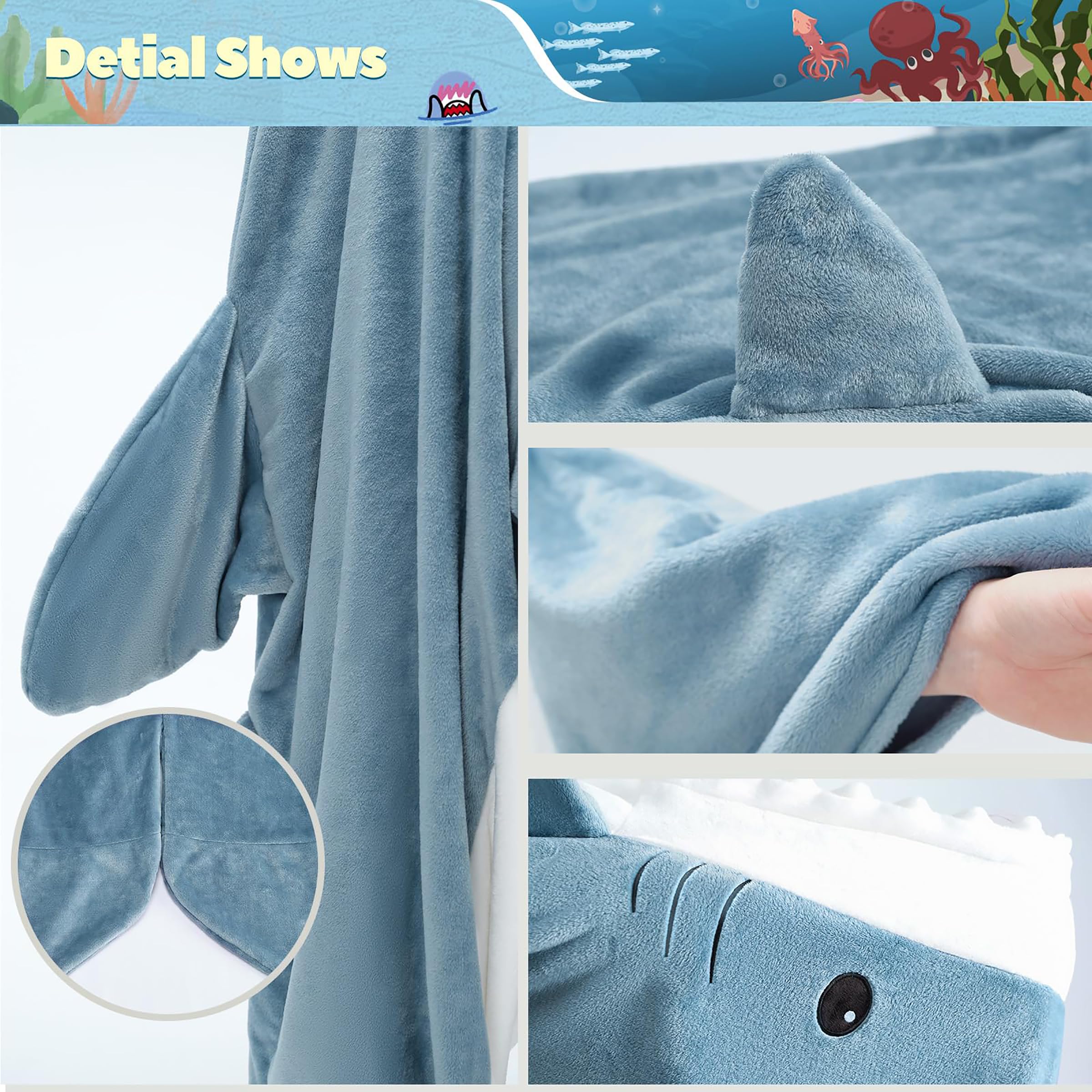 QUSLLIS Shark Blanket - Coperta squalo - in morbidissima e accogliente flanella con cappuccio, tuta squalo, coperta squalo con cappuccio, sacco a pelo squalo indossabile per adulti e bambini XL